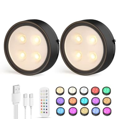 Onumii Lampe LED Rechargeable Cuisine Sans Fil Lumiere Sous Meuble Placard Eclairage Spot Led avec Telecommande USB Pile Armoire Light 12 Color Dimmable éclairage Spécial Lumière (2pcs Noir)