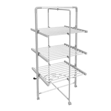 Todeco - Sèche-Linge Electrique, Etendoir Pliant d'Intérieur - Dimensions du Produit replié: 143 x 72 x 9 cm - Matériau: Alliage en Aluminium - 3 étagères, Blanc, avec des Roues