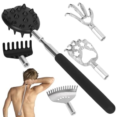 Gratte Dos Télescopique avec 5 Têtes de Rechange, Grattoir Dos Tete en Acier Inoxydable Main pour Gratter Scratcher Arrière Portable Extendable Backscratcher Massage Contre Démangeaisons