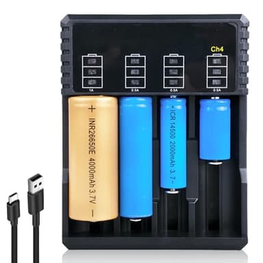 Vaileal : Chargeur universel à 4 compartiments avec affichage LED, chargeur 18650, 18350, 21700, 16340, 26650, AA, 3,7 V Li-Ion, USB rapide