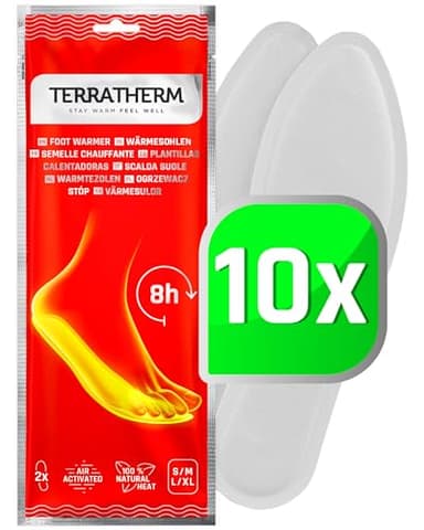 TerraTherm Semelles chauffantes - activé par l'air – Chaleur jusqu'à 8 Heures - 5, 10 ou 30 Paires - Chauffe Pied - Chaleur 100% Naturelle, 10 Paires S