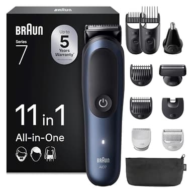 Braun Tondeuse Tout-En-Un Series 7, Kit 11-En-1, Lame ProBlade, Technologie AutoSense, 120 Min D'autonomie, Protection SkinGuard, Barbe En Dégradé, Manche AquaGrip Pratique Sous L'eau, AIO7540, Bleu