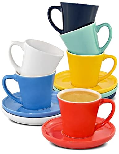 Tasse a Cafe Expresso en Ceramique Multicolore - Lot de 6 Tasses avec Soucoupes - Lavable au Lave-vaisselle - 70ml