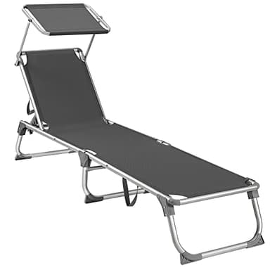 SONGMICS Bain de Soleil, Chaise Longue Pliable, Transat, 193 x 55 x 31 cm, Capacité de Charge 150 kg, avec Pare-soleil et Dossier Inclinable, pour Jardin, Piscine, Terrasse, Gris Foncé GCB19GYV1
