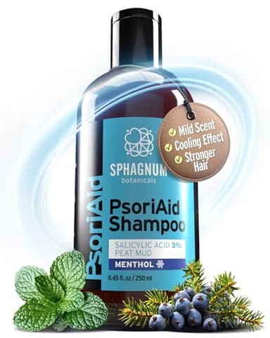 Sphagnum Botanicals Shampoing Naturel pour Psoriasis – Traitement Apaisant pour Cuir Chevelu Sec et Irrité avec Menthol Refroidissant, Acide Salicylique 3% et Tourbe. Anti-Pelliculaire. 250 ml