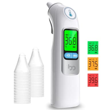 Thermomètre Auriculaire, Précision Professionnelle, Code d'alerte Fièvre à 3 couleurs, Mode Silencieux, Stockage des Lectures, avec 24 Couvre-Sondes Jetables Thermomètre pour Adultes et Bébés