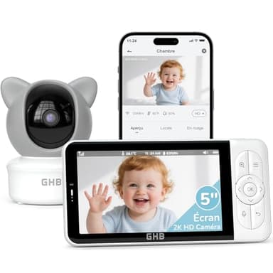 GHB Babyphone Camera 5" 2K Camera Bebe Surveillance avec Application Telephone Rotation à 350° Alertes Intelligente des Pleurs/Movements Suivi Automatique VOX ZOOM 4X Détection de Température/Humidité