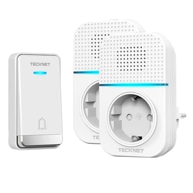 TECKNET Sonnette sans Fil 400 Mètres, Étanche IP65 avec Fonction de Charge et lumière LED Kit de 1 Carillon et 2 Récepteur Enfichables, 60 Mélodies 5 Niveaux Volumes, pour Maison, Bureau, Hôtel
