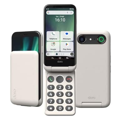 Doro - Smartphone à Clapet Aurora A20 - Téléphone Portable Senior - Facile à Utiliser - Touche d'Assistance avec Localisation GPS - Compatible Appareils Auditifs - Câble USB Inclus - Blanc