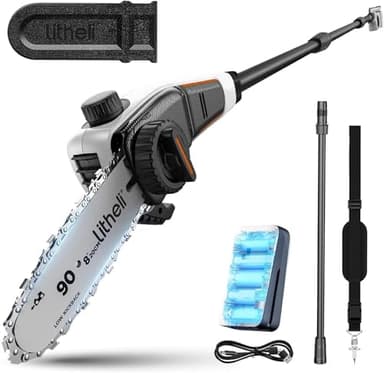 Litheli Élagueur sur Perche sans Fil 20V avec Batterie, Perches Élagueuses 20cm, 8m/s, 3800 RPM, Portée 3.4 m, Réglage Automatique & Lubrification Automatique, Tête Inclinable, avec bandoulière
