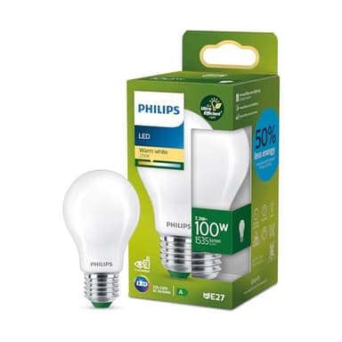 Philips, ampoule LED Ultra Efficient Classe A, 100W, culot E27, blanc chaud 2700K, dépolie, verre