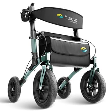 Helavo Déambulateur pour personnes âgées avec siège – Déambulateur 4 roues pliable léger d’extérieur – Rollator tout-terrain avec pneus pneumatiques, assise confortable, hauteur réglable