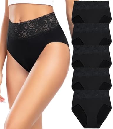 Wealurre Culotte Femme Taille Haute Coton Doux Slip pour Femmes Dentelle Élastique sous-Vêtements Lot de 5, Noir, M