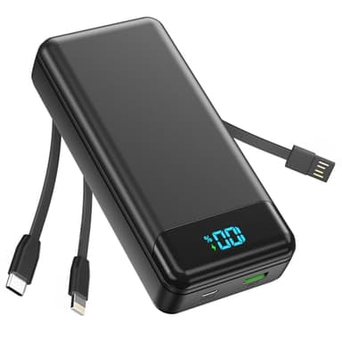 Enerwow Batterie Externe, 27000mAh Power Bank PD 30W Charge Rapide Portable USB C Batterie avec 3 Câbles Intégrés, Powerbank avec Affichage LED, Compatible Les Séries iPhone 17 16 15 et Autres