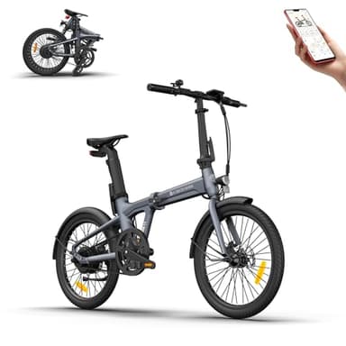 Vélo électrique Pliant ADO, 20 Pouces, Léger 17.5 kg, avec Batterie 9,6 Ah/36 V, avec Entraînement par Courroie, Capteur de Couple, Applications Intelligentes, Portée de 70 à 100 km (Gris)
