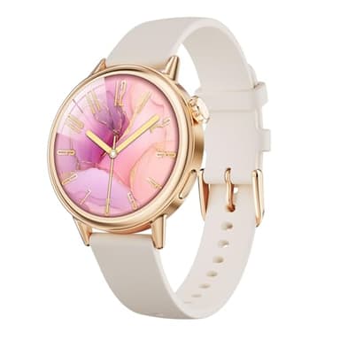 TOOBUR Montre Connectée Femme Petit Poignet, 28mm Écran AMOLED Smartwatch Rond, Montre Connectée de Sport avec Podomètre, Smart Watch Compatible Android et iOS, Beige