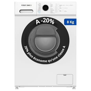 Lave-linge frontal FIRST ONE FLL81400WH - 8 Kg - 1400 tr/mn - 16 programmes - Eco - Intensif - Rapide – Très Faible conso - Classe A-20%