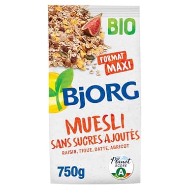 BJORG - Muesli Bio Sans Sucres Ajoutés - Raisin, Figue, Datte, Abricot - Aux Céréales Complètes - Sachet 750 g