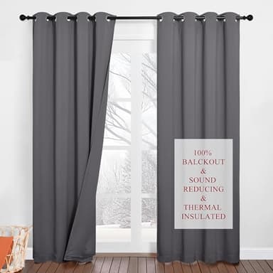 PONY DANCE Rideaux Occultant Gris - Rideau Anti-Bruit Phonique Isolant Thermique Anti Froid Chaleur 100% Lumineux Bloquer pour Maison Chambre Fenetre Porte, L132 x H210cm