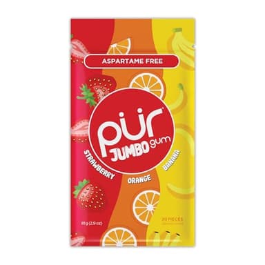PUR Jumbo Gum |Chewing-gum Sans Aspartame | Au Xylitol |Arôme naturel Strawberry, Banana, Orange, 20 Pièces (Lot de 1)