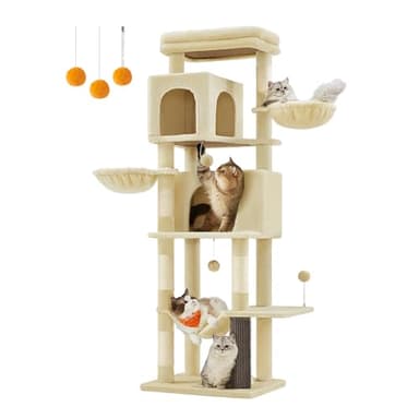 Feandrea Arbre à Chat, Tour à Chat de 175 cm de Haut, Multi-Niveaux, avec 2 Niches, 2 Paniers, 5 Griffoirs, Toilettage Autonome, Perchoir, Hamac, Beige Sable PCT182Y01