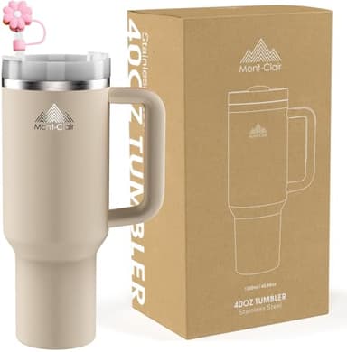 Mont-Clair Tumbler 40oz - Mug Isotherme avec Paille Couvercle Poignée - Gourde boissons chaudes et froides - Froid pendant 10 heures - Glacé pendant 48 heures - 1200ml - Rose Quartz