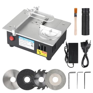 EFUTURETIME Mini Scie Circulaire de Table, 0-15 mm de Coupe Réglable, 96W Scie à Table avec 4 Lames de Scie Circulaire, Alimentation à 7 Sorties Réglables, pour DIY, Découper de Petits Matériaux