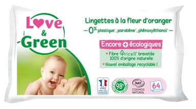 Love & Green Lingettes à la Fleur d'Oranger Saines et Ecologiques - Paquet de 64 Lingettes - Certifiée Cosmo Natural par ECOCERT et FSC - Emballage recyclable