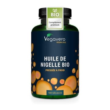 Nigelle BIO & VEGAN | 1000mg d’Huile de Cumin Noir | Immunité + Peau | Avec Thymoquinone & Acide Linoléique (Oméga 6) | Pressé à Froid | 180 Gélules | Vegavero®