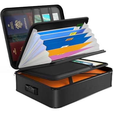 JUNDUN Organisateur de Documents, Boîte Ignifuge avec serrure & poignée, Sac ignifuge, Pochette ignifuge et etanche, Valise Porte Documents pour fichiers et passeport(Noir, 38x28x11cm)