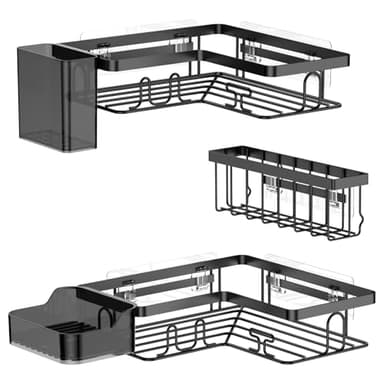 YEAUPE PRO Étagère Douche sans Perçage, 5 Pièces Étagère Rangement Salle de Bain Durable, avec 2 Étagères Angle, Porte Savon Douche, Salle de Bain Accessoire, Étagère Murale de Cuisine – Noir