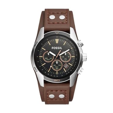 Fossil Montre pour homme Coachman, mouvement chronographe à quartz, boîtier en acier inoxydable argenté de 44 mm avec bracelet en cuir véritable, CH2891