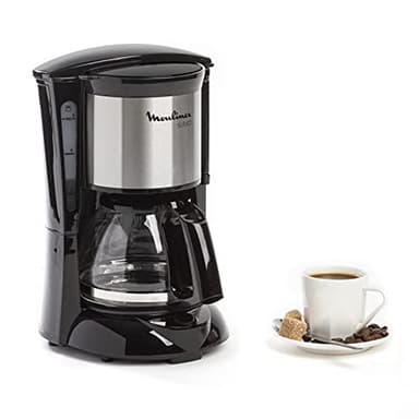 Moulinex Subito Cafetière filtre électrique, 0,6 L soit 6 tasses, Machine à café, Système anti goutte, Porte-filtre pivotant, Auto off 30 min FG150813, Noir/Inox