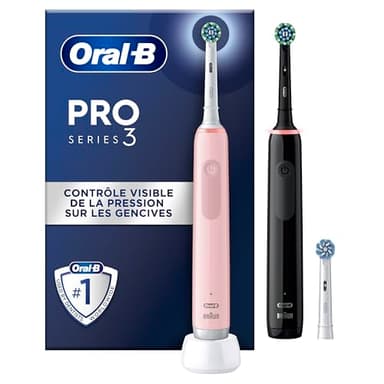 Oral-B Brosses A Dents Electriques Duo Pro 3 Noire Et Rose, Avec 3 Modes De Nettoyage 3D Dont Blancheur, Brossage Avec Des Oscillo-Rotations Et Pulsations, 3 Brossettes De Rechange RondesOral B