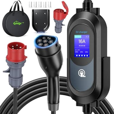 Zyncove Borne de Recharge Vehicule Electrique 11kW Triphasé [6-16A, 6m, IP67], Chargeur Voiture Electrique Type 2 avec Affichage et Intensité de Courant Réglable: Wallbox avec Fiche CEE Rouge
