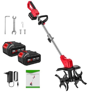 Motoculteur Électrique 21V, Motobineuse sans Fil AVCE 2 x 4.0Ah Batterie, Rouleau Double 4 Lames, Affichage LED, 300 RPM Vitesse, 30CM Largeur et 22CM Profondeur, Motoculteur pour Potager, Yard
