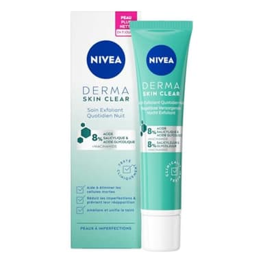 NIVEA Derma Skin Clear Soin Exfoliant Quotidien Nuit (1 x 40 ml), Soin de nuit 8% acides salicylique & glycolique & niacinamide, Crème visage anti points noirs pour peaux à imperfections