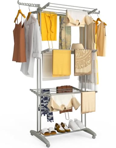 vounot® Étendoir à Linge à 4 Niveaux 125x62x173cm Sechoir à Linge Pliable Grande Capacité avec roulettes Ailes latérales Utilisation Intérieure et Extérieure Gris