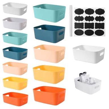 JJZGPP 13 pcs Boîtes de Rangement en Plastique,Panier de Rangement avec Poignées Bac ,Poignée Empilable Bac Rangemen Pour Cuisine, Placard, Bureau, Salle de Bain, 7 couleurs, 2 tailles
