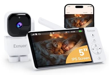 Exnuor Babyphone Caméra avec Écran IPS 5", Fonctionne avec ou sans WiFi – FHSS Sécurisé, sans Abonnement, sans Cloud, Application Mobile, Vision Nocturne, VOX, Audio Bidirectionnel