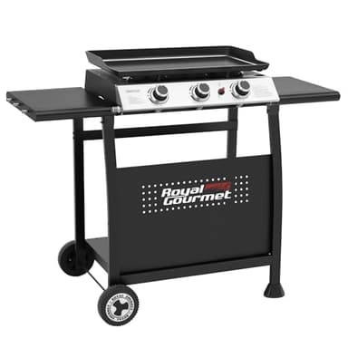 Royal Gourmet Plancha Gaz sur Chariot, 3 Brûleurs Puissance 7.5 kW, Plaque Amovible de Surface Cuisson 62,0 x 35,5 cm, Avec 2 Tablettes et 2 Roues, Portable pour Jardin et l' Extérieur, Noir