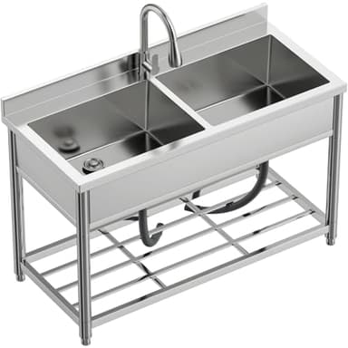 Vockol Évier Autoportant en Acier Inox 2 Bacs, Évier de Cuisine Commercial avec Robinet Extensible, Évier Professionnel pour Extérieur, Cuisine, Garage et Restaurant, 55P x 120L x 94H cm