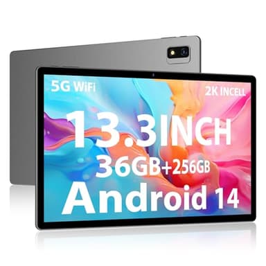 PIXPEAK 2K Tablette 13,3 Pouces, Android 14.0, INCELL 2000 * 1200, 11580mAh/charge Rapide, 36GB RAM, 256GB ROM (SD Extensible), 5G WiFi Octa-Core Tablette, 13MP+8MP, Tablette Con GPS/Bluetooth, Grau