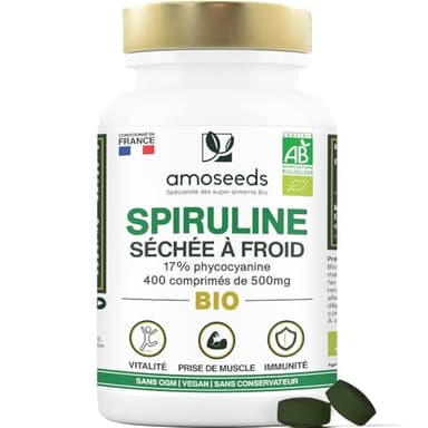 Spiruline BIO Extra Forte | 400 comprimés vegan de 500mg | Jusqu'à 19% Phycocyanine, Séchée à froid | 4500mg par jour | Vitamines, Réduit la Fatigue, Immunité | Qualité Supérieure