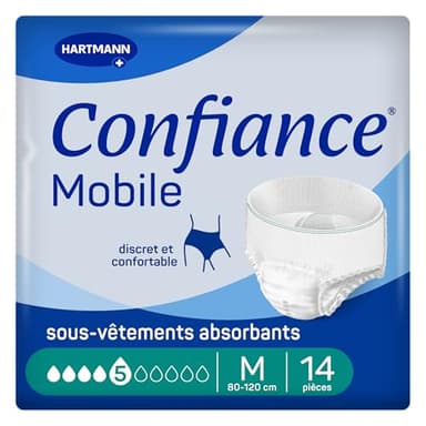 Confiance Mobile - Slips Absorbants pour Hommes et Femmes - Niveau d'Absorption = 5 gouttes (Fuites Urinaires Moyennes) - Discrets et efficaces - pH Neutre à la Peau - Taille M - 14 Unités