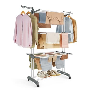 SONGMICS Étendoir à Linge, Séchoir Mobile à 4 Niveaux, avec roulettes, Pliable, 63,5 x 128 x 173 cm, Grande Capacité, Montage Facile, Utilisation Intérieure et Extérieure, Blanc LLR701W01