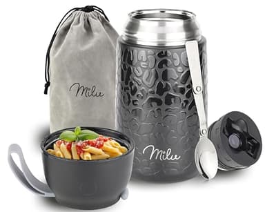 Milu Boîtes Alimentaires Isothermes 800 ml Boîte Isotherme Repas Chaud Porte-Aliments en Acier Inoxydable à Double Couche, Cuillère Pliante pour Ecole, Bureau (800ml/Black Leopard)