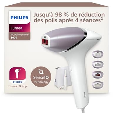 Philips Lumea série 8000, Épilateur à lumière pulsée, alternative à l'épilation laser, technologie SenseIQ, 4 accessoires pour corps, visage, maillot, aisselles, tondeuse-stylo compact, BRI949/00