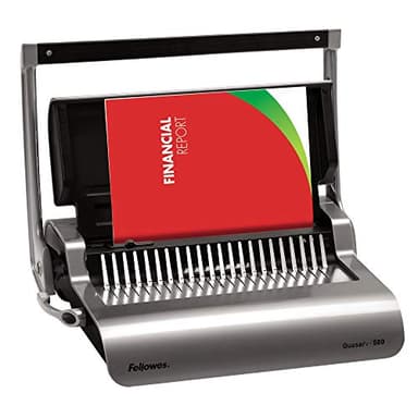 Fellowes Machine à relier pour le bureau, Fellowes Quasar+ - Reliure 21 trous, 500 feuilles, perforation manuelle, anneaux plastique, inclus kit de démarrage de 10 peignes - Argent