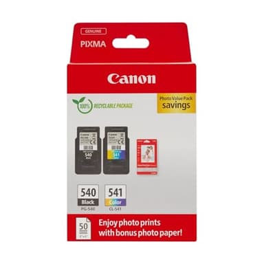 Canon Pack Encre & Papier - PG-540/CL-541 Cartouches d'encre Authentiques pour imprimante - 2 Packs (1 x Noir, 1 x Couleur) & Papier Photo 4x6 (50 x Feuilles)